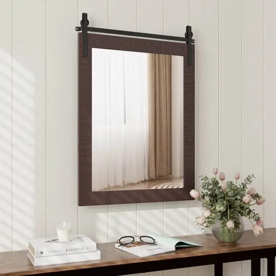 Costway 30''x22'' Wall Mount Mirror Decor Vanity Mirror Wood Frame Barn Door Style Black/Walnut {4}