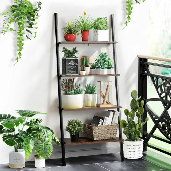 Costway Industrial Ladder Shelf 4-Tier Leaning Wall Bookcase Plant Stand Rustic Black/Brown {4}