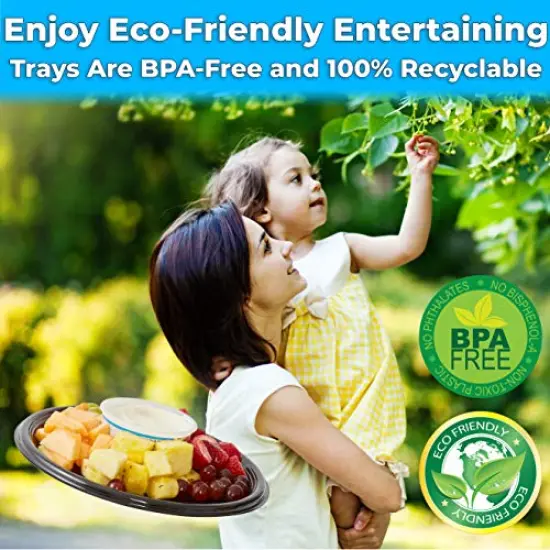 3 Pck Heavy Duty, Recyclable 12 in. Serving Tray and Lid 3pk. Large, Black Plastic Party Platters with Clear Lids Dishware Plate, Elegant Round Banquet or Catering Trays for {6}