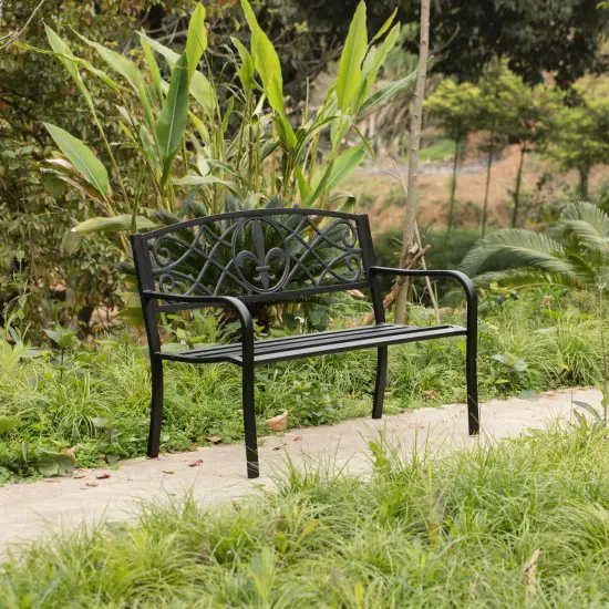 Outdoor Garden Patio Steel Park Bench Lawn Decor with Cast Iron Unique Design Back, Black Seating Bench for Yard, Patio, Garden, Balcony, and Deck {5}