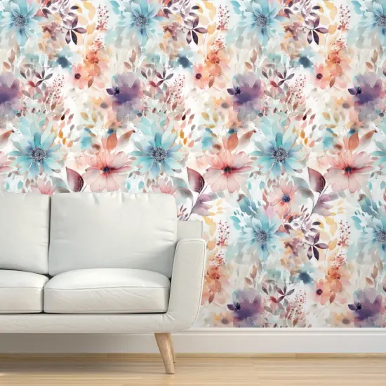 Pre-Pasted Wallpaper 2FT Wide Watercolor Boho Wildflowers Floral Hand Painted Dahlia Modern Flowers Custom Pre-pasted Wallpaper by Spoonflower {5}