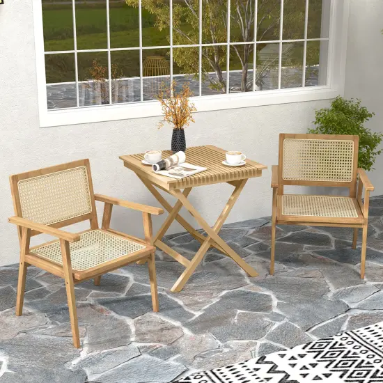 Costway 1/2 PCS Wood Chair Indonesia Teak Wood Armchair with Natural Rattan Seat & Back Patio Chair for Porch {2}