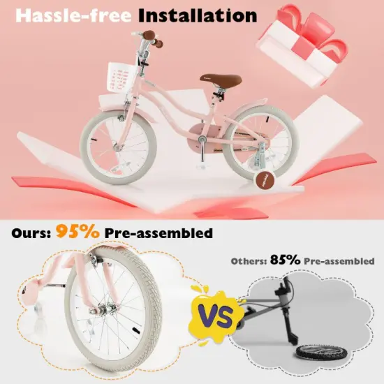 16 Inch Kids Adjustable Bike with Cute Basket for Storage and 2 Training Wheels Pink {4}