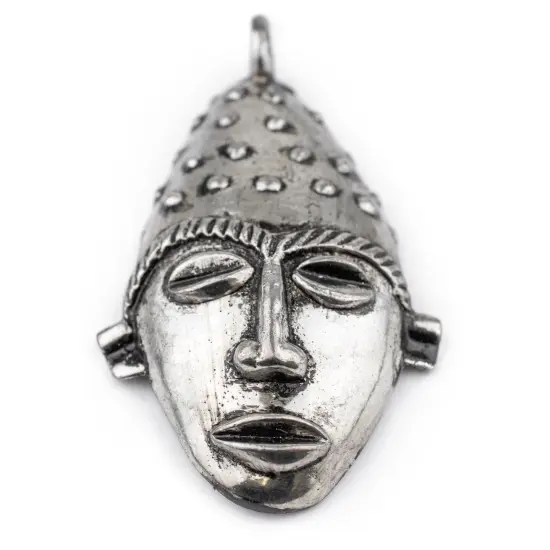 The Bead Chest Elongated African Silver Mask Pendant (50x90mm): Genuine West African Mask Design for DIY Jewelry & Necklaces {5}
