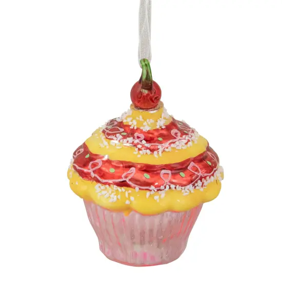 Northlight 3" Red and Yellow Cupcake with Cherry Glass Christmas Ornament {5}