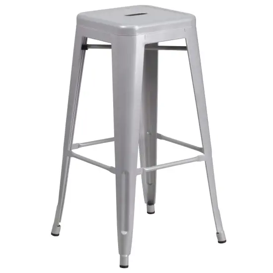 Emma and Oliver Commercial Grade 23.75" Square Metal Indoor-Outdoor Bar Set & 2 Backless Stools Silver {4}