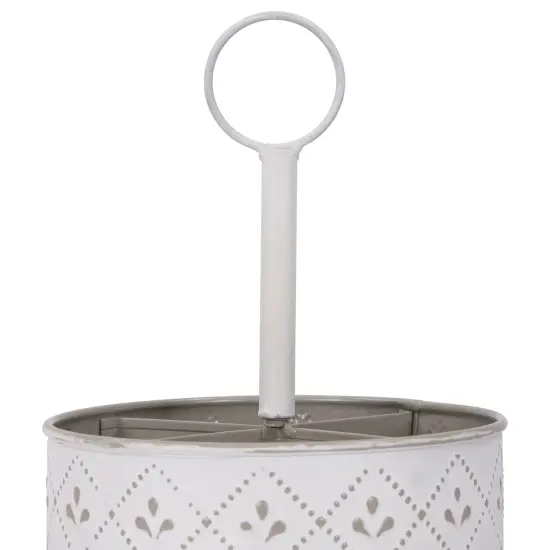 Northlight 7" White Round Embossed Utensil Caddy with Wooden Base {7}