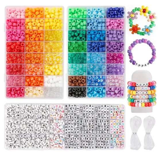 3960 Pieces Pony Beads for Bracelet Making Kit 48 Colors Kandi Beads Set, 2400 Pieces Plastic Rainbow Bead Bulk and 1560pcs Letter Beads with 20 Meter Elastic Threads for Craft Jewelry Necklace {1}