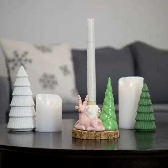Northlight Reindeer with Tree and Pine Cone Christmas Taper Candle Holder - 6" Pink {3}