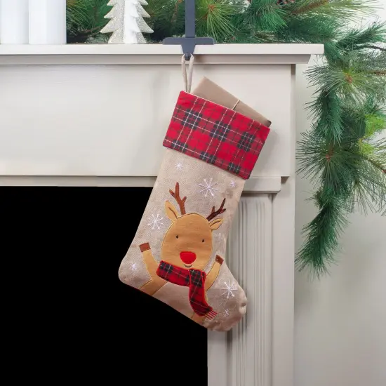 Northlight 19" Burlap Plaid Whimsical Reindeer Waiving Christmas Stocking Beige {3}