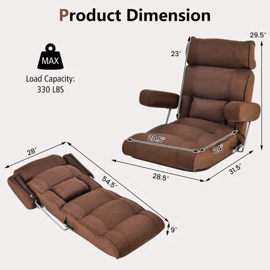 Foldable Floor Sofa Chair with 6-Position Adjustable Headrest and Metal Frame Brown {4}