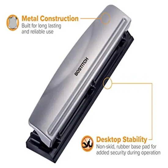 Office Premium 3 Hole Punch, 12 Sheet Capacity, Metal, Rubber Base, Easy-Clean Tray, Silver {1}