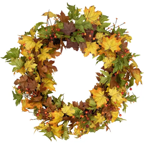 Northlight Maple Leaves and Berries Artificial Twig Fall Harvest Wreath - 30" Yellow {3}
