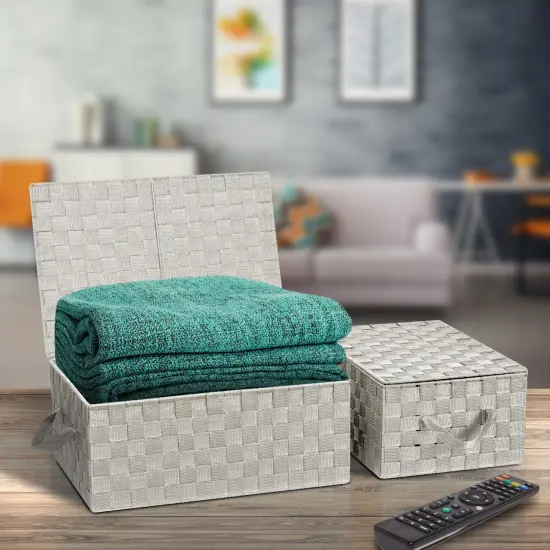 Sorbus Woven Basket Bin Set - Shelf Storage Tote Baskets for Household Items - Stackable with lid, Woven Straps and built-in Carry Handles (3 Pack) Beige {2}