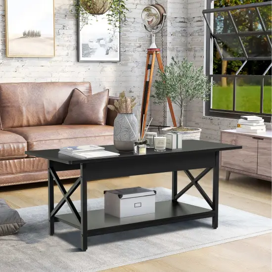 2-Tier Rectangular Coffee Table with Large Storage Shelf and Metal Frame for Living Room Black {2}