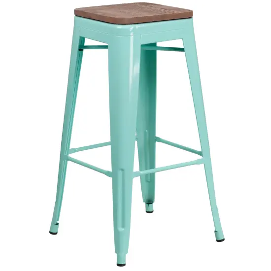 Merrick Lane Dalton Series Backless Metal Dining Stool with Wooden Seat for Indoor Use Crystal Teal-Blue {2}