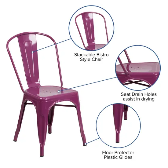 Merrick Lane Wells Indoor/Outdoor Stacking Metal Dining Chair with Single Slat Back and Powder Coated Finish Purple {2}