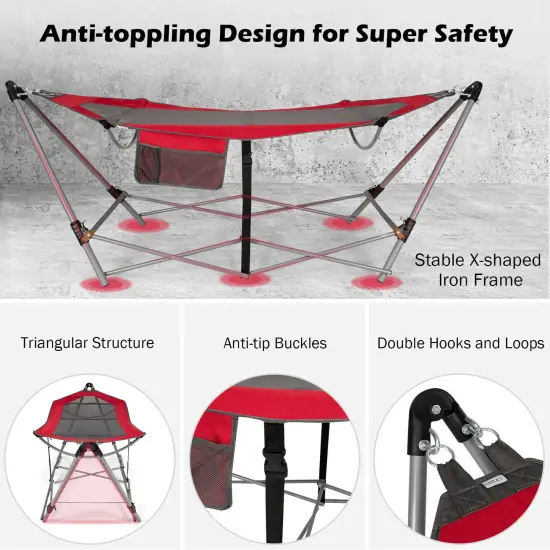 Outdoor Folding Hammock Bed with Breathable Fabric Metal Frame and Side Pocket Storage Red {3}