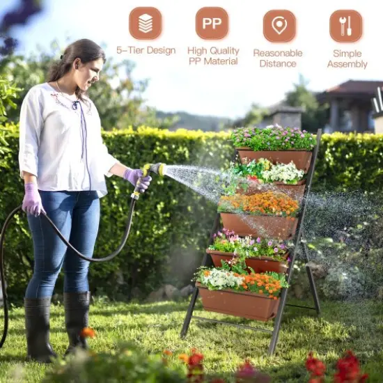 5-tier Vertical Garden Planter Box Elevated Raised Bed with 5 Container Brown {2}