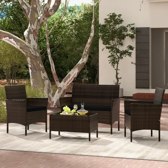 4 Piece Patio Rattan Conversation Set With Cozy Seat Cushions Black {6}