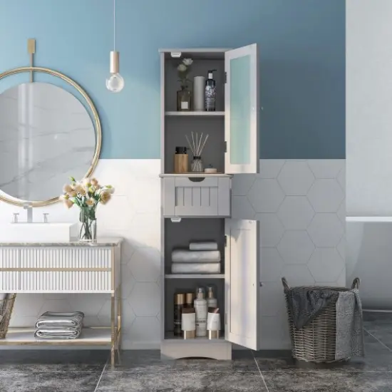 Tall Floor Storage Cabinet with 2 Doors and 1 Drawer for Bathroom Grey {2}
