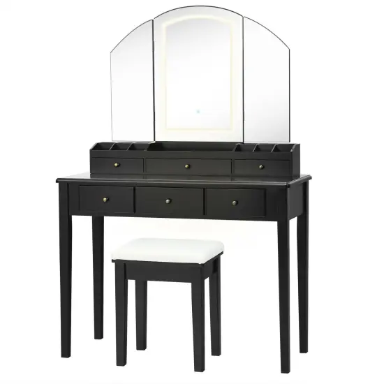 Vanity Table Stool Set with Large Tri-folding Lighted Mirror Black {5}