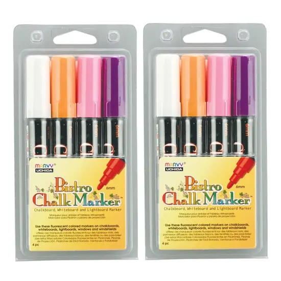 Broad Point Chalk Marker Broad Tip Set 4B, Fluorescent Colors, 4 Per Pack, 2 Packs {1}