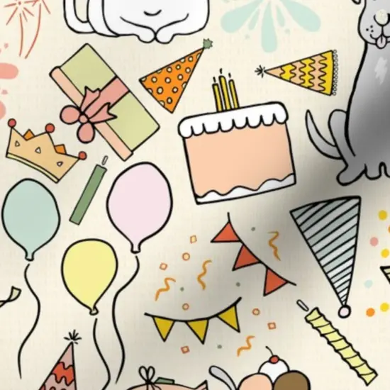 Various Fabrics by the Yard or Fat Quarter Dog Cat Multicolor Presents Whimsical Celebration Playful Balloons Pastels Candles Birthday Cake Bright Summer Colors Gift Large Scale Custom Printed Fabric by Spoonflower {7}
