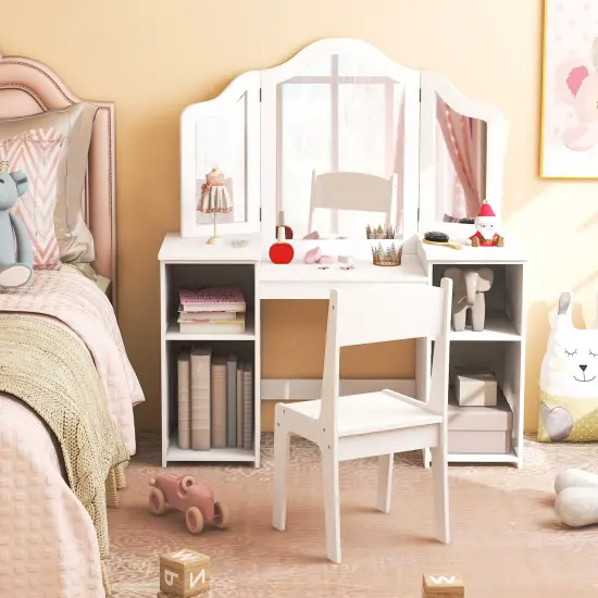 Kids Vanity Table and Chair Set with Removable Tri-Folding Mirror White {3}