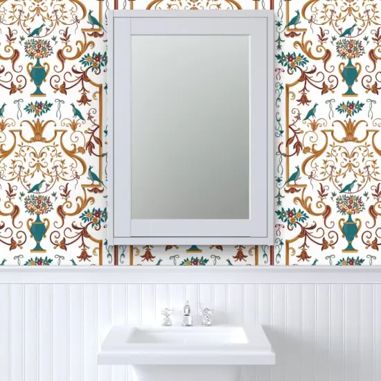 Peel & Stick Wallpaper 2FT Wide White Floral Birds Ribbons Vase Italian Naples Baroque Palace Villa Mediterranean Botanical Fresco Rococo Large Scale Custom Removable Wallpaper by Spoonflower {6}