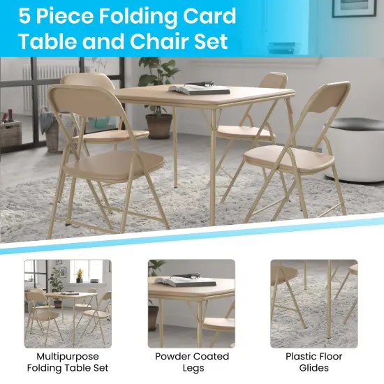 Emma and Oliver 5 Piece Folding Card Table and Chair Set Tan {2}