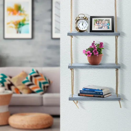 Sorbus 3-Tier Rustic Wood Hanging Rope Storage Shelves {2}