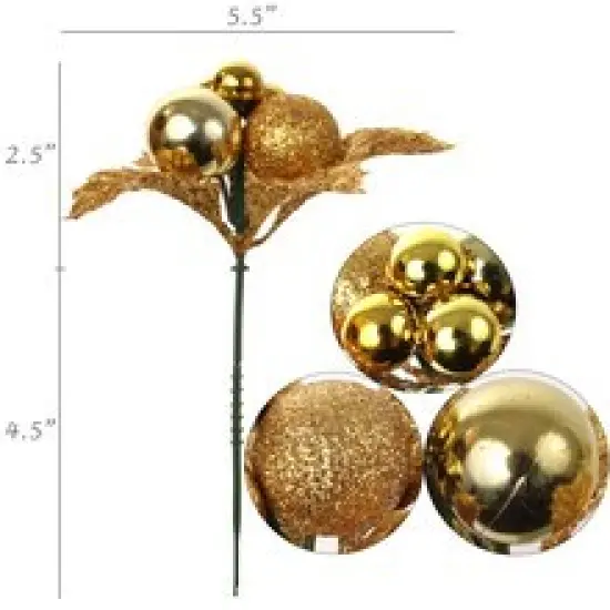 Set of 12: Sparkling Gold Glitter Holly Pick with Ornament Balls | Festive Holiday Accents | Trees, Wreaths, & Garlands | Christmas Picks | Home & Office Decor, Floral Home by Artificial Flowers {4}