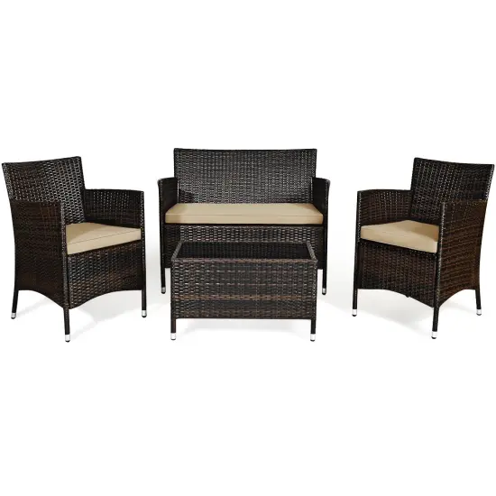 Costway 4PCS Rattan Patio Furniture Set Sofa Chair Coffee Table w/Cushion Outdoor {2}