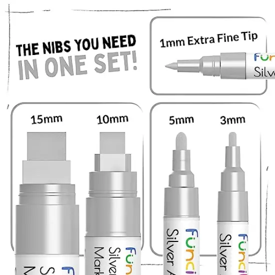 5 Acrylic Silver Paint Pen - Silver Marker Metallic Paint Pens for Fabric, Wood, Canvas, Leaf, Metal, Glass - Silver Paint Pen Fine Tip, Thin Point & Jumbo (1mm, 3mm, 6mm, 10mm, 15mm) {1}