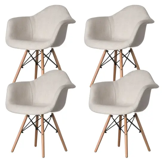 Mid-Century Modern Style Fabric Lined Armchair with Beech Wooden Legs White Set of 4 {1}