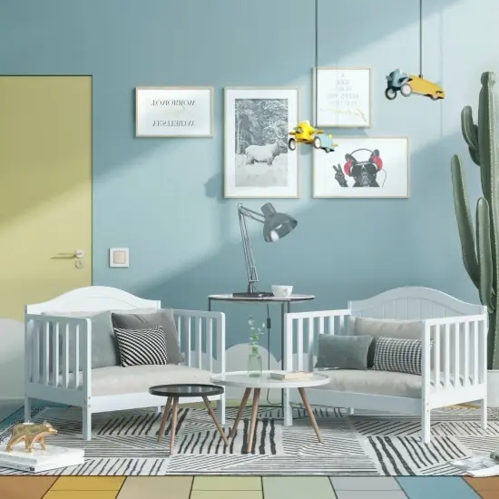 2-in-1 Classic Convertible Wooden Toddler Bed with 2 Side Guardrails for Extra Safety White {2}