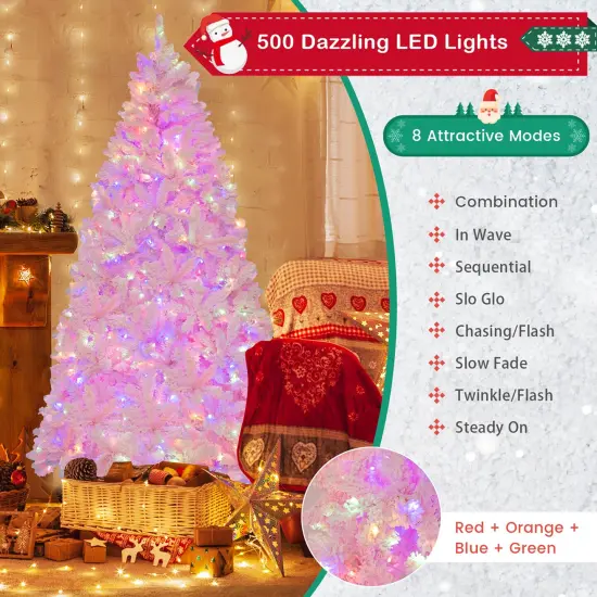 Costway 7 FT Flocked Artificial Christmas Tree Hinged with 500 LED Lights 1200 Branch Tips {6}