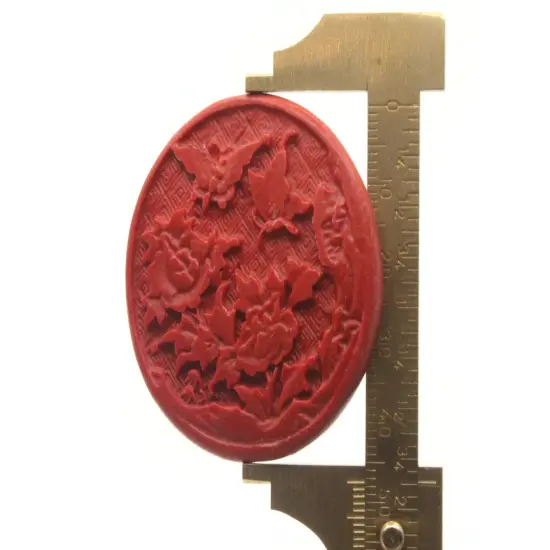 47mm Red Carved Cinnabar Flower and Butterfly Focal Bead {5}
