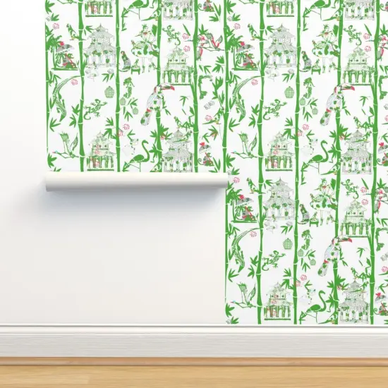 Pre-Pasted Wallpaper 2FT Wide Chinoiserie Preppy Exotic Animal Monkey Cheetah Palm Custom Pre-pasted Wallpaper by Spoonflower {2}