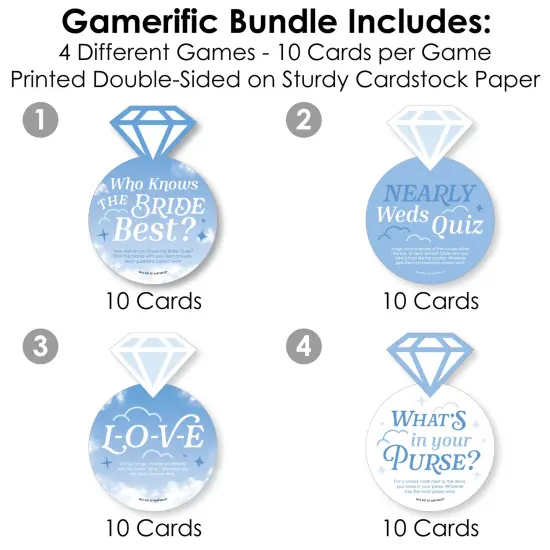 Big Dot of Happiness On Cloud 9 - 4 Bridal Shower Games - 10 Cards Each - Who Knows The Bride Best, Bride or Groom Quiz,&nbsp;What's in Your Purse and Love - Gamerific Bundle {4}