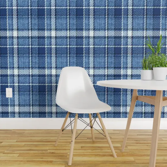 Pre-Pasted Wallpaper 2FT Wide Monochrome Plaid Blue Farmhouse Custom Pre-pasted Wallpaper by Spoonflower {1}
