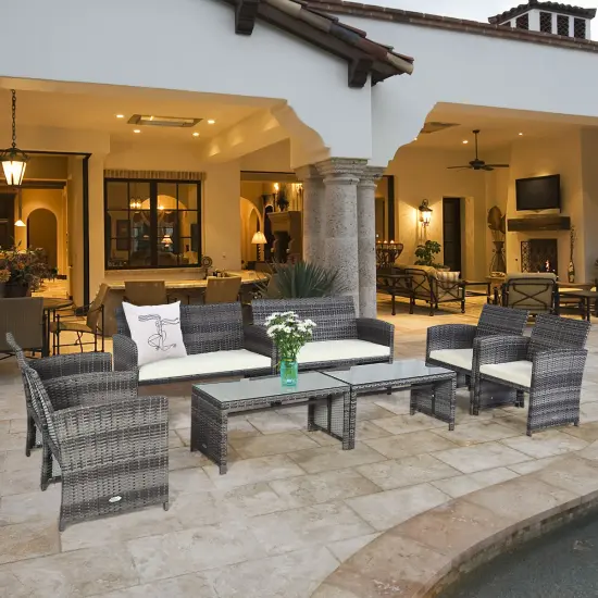 Costway 8PC Patio Rattan Furniture Set Glass Table Top Cushioned Sofa Turquoise\Red {1}