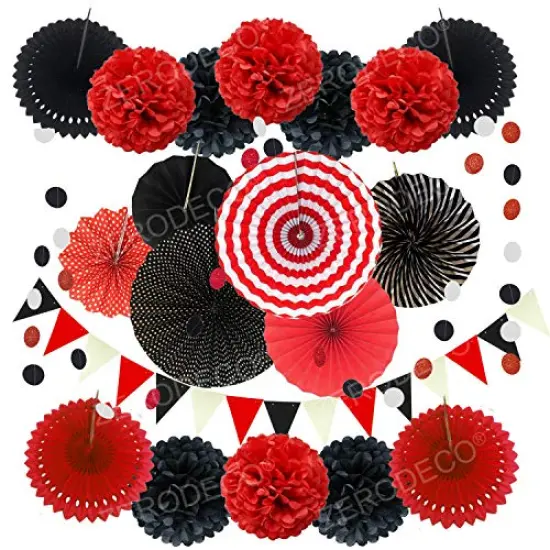 Party Decoration, 21 Pcs Black and Red Hanging Paper Fans Pom Poms Flowers, Garlands String Polka Dot and Triangle Bunting Flags for Minnie Mouse Birthday Parties Baby Showers Wedding {2}