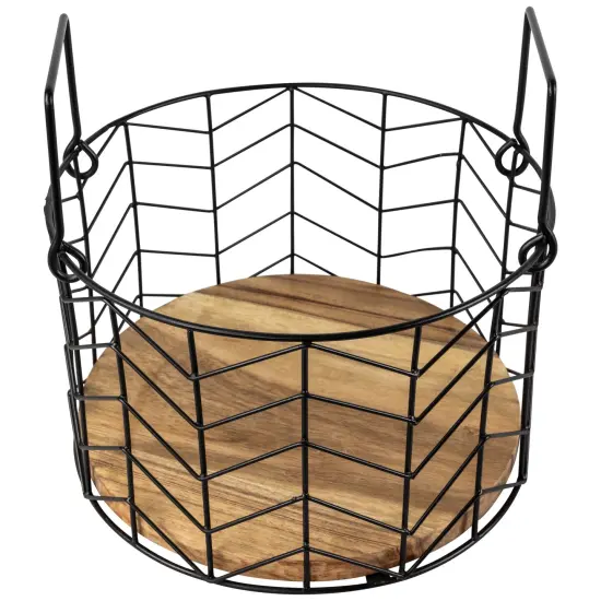 Northlight Round Iron Nesting Baskets with Natural Wood Base - 14" - Set of 3 Black {7}