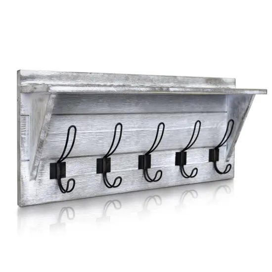HBCY Creations Rustic Wall Mounted Coat Rack Shelf - Wooden Country Style 24" Entryway Shelf with Hooks - Solid Pine Wood - For Entryway, Kitchen, Bathroom White Wash {1}