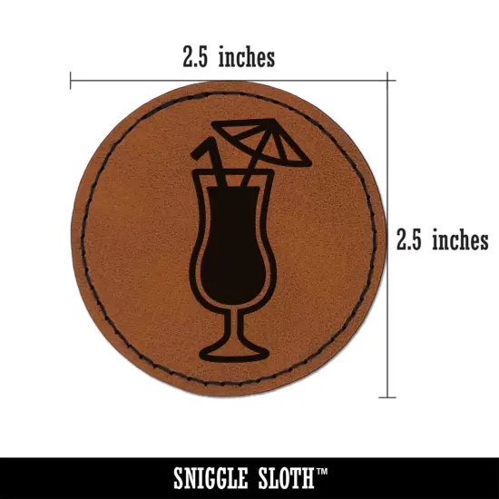 Daiquiri Cocktail Umbrella Drink Round Iron-On Engraved Faux Leather Patch Applique - 2.5" Brown {3}