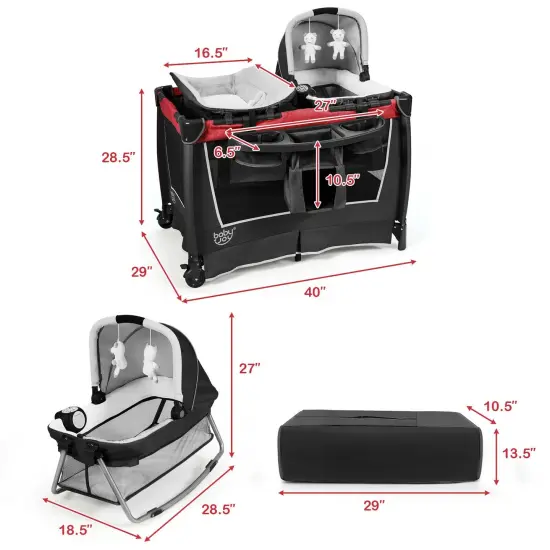 4-in-1 Convertible Portable Baby Play yard with 2 Hanging Toys and Music Box Red {4}