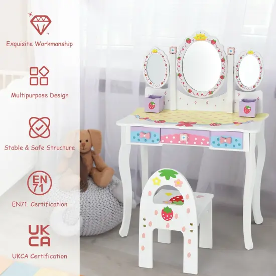 Kids Vanity Princess Makeup Dressing Table Chair Set with Tri-fold Mirror White {4}
