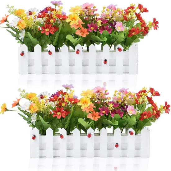 Daisy Dreams: Mixed Color Artificial Flower Plants in Picket Fence Pots - Set of 2 {2}